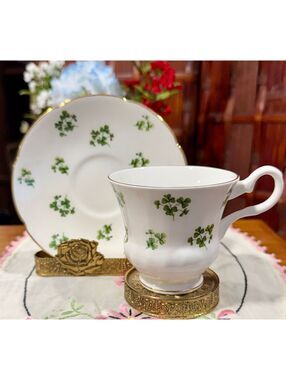 Royal Grafton Shamrock Clover China Teacup Saucer Set England MCM c. 1957-1960